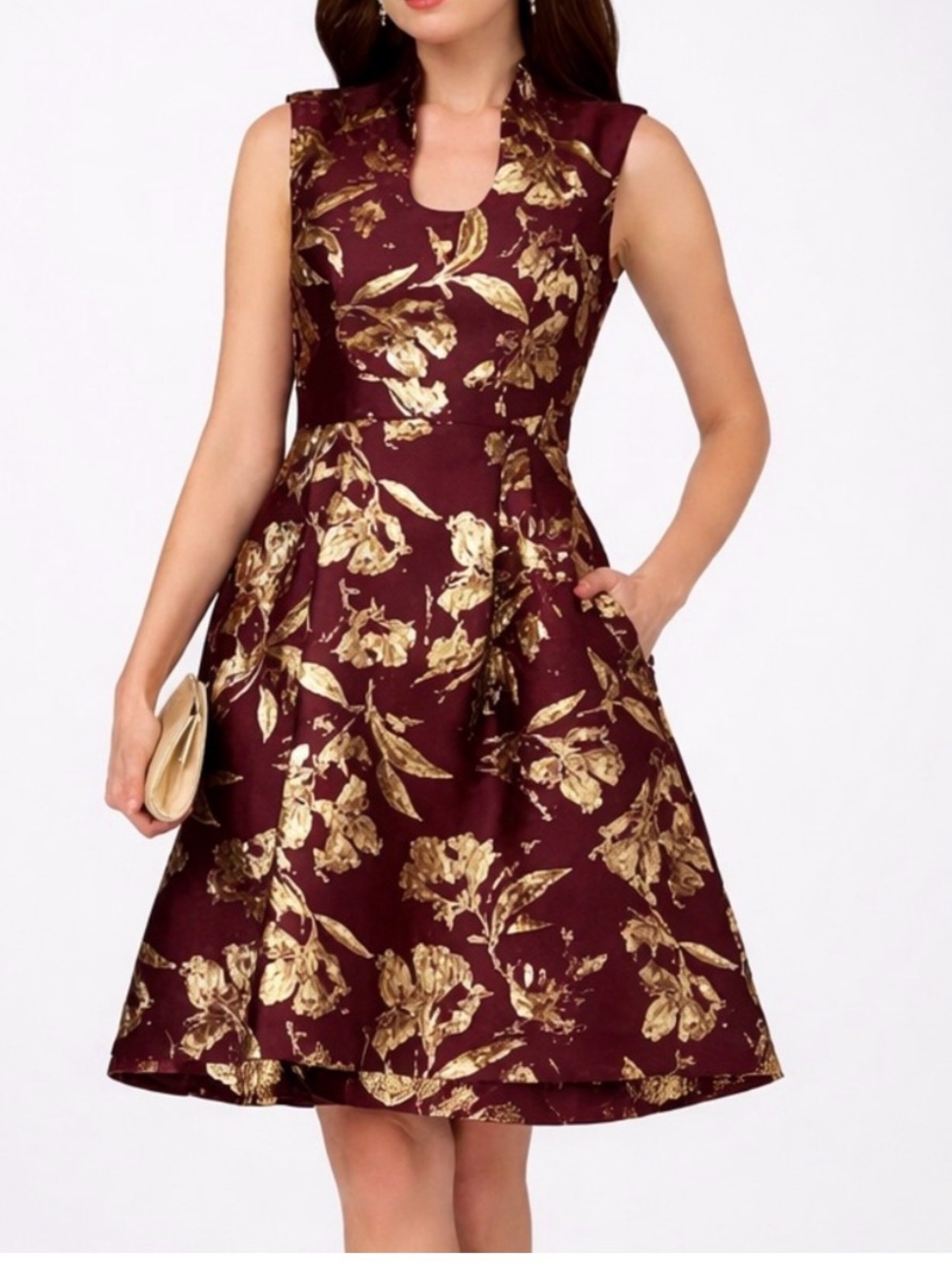 Gold Floral Jacquard Fit-and-Flare Dress in Burgundy